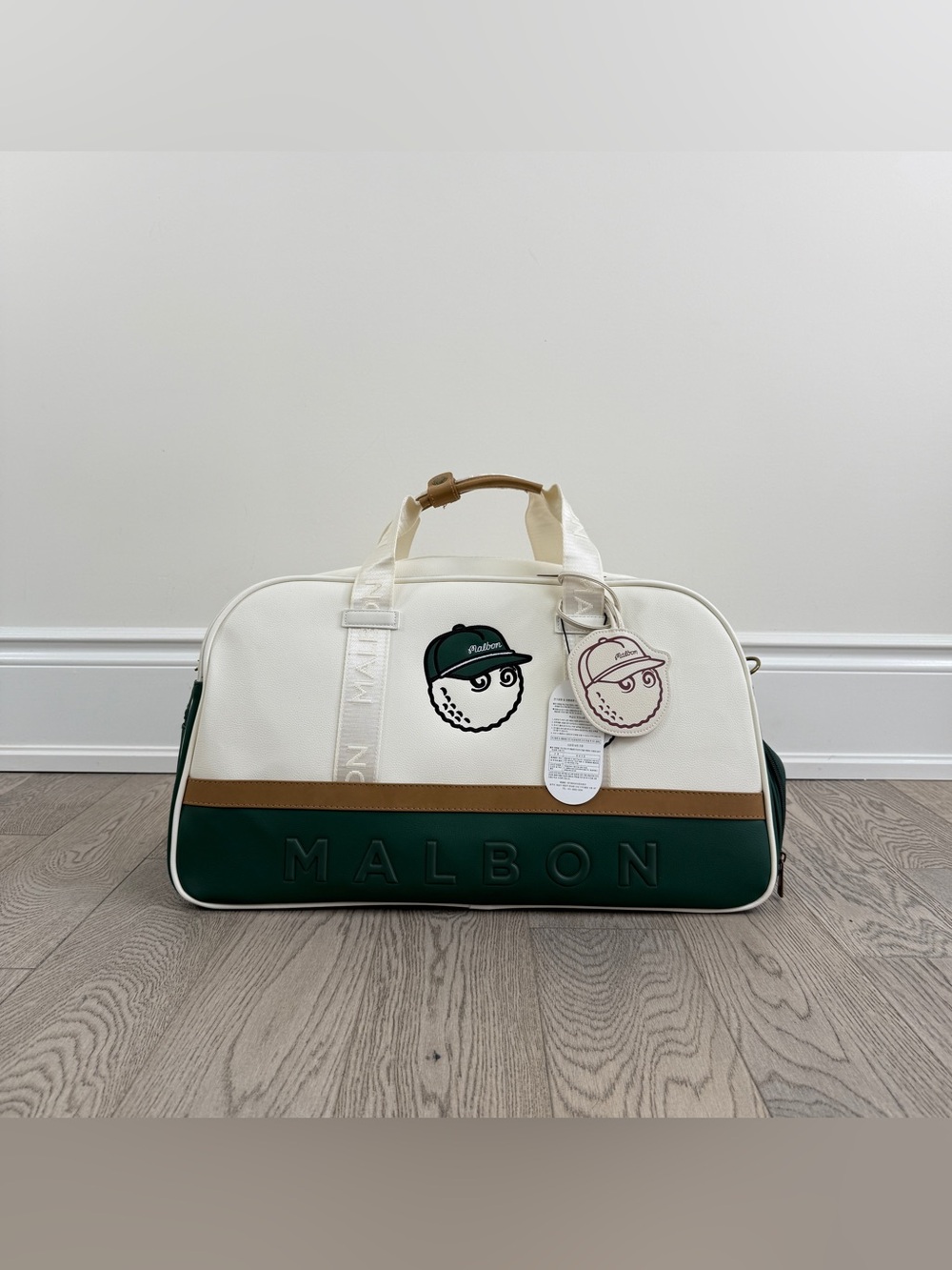 MALBON Golf Duffel Bag | White & Green | With Separate Shoe Compartment